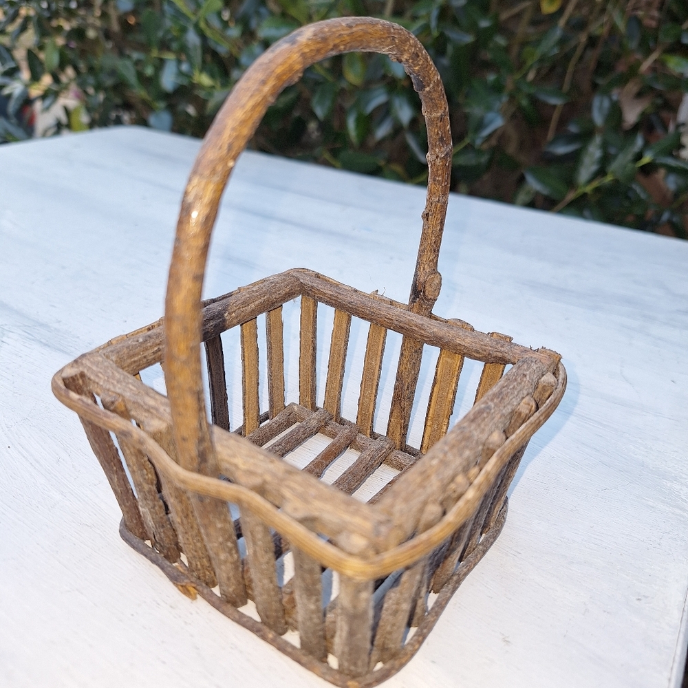 Wood Basket Mini Boho Decor Farmhouse Wooden Basket with Handle Hand Made Sticks